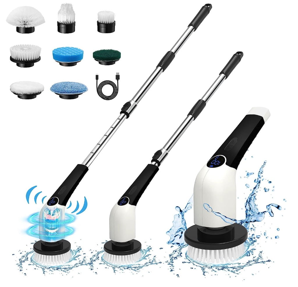 Keimi Electric Spin Scrubber, 2023 New Cordless Voice Prompt Shower Cleaning Brush with 8 Replaceable Brush Heads, 3 Adjustable Speeds, and Adjustable Extension Handle for Bathroom Floor Tile
